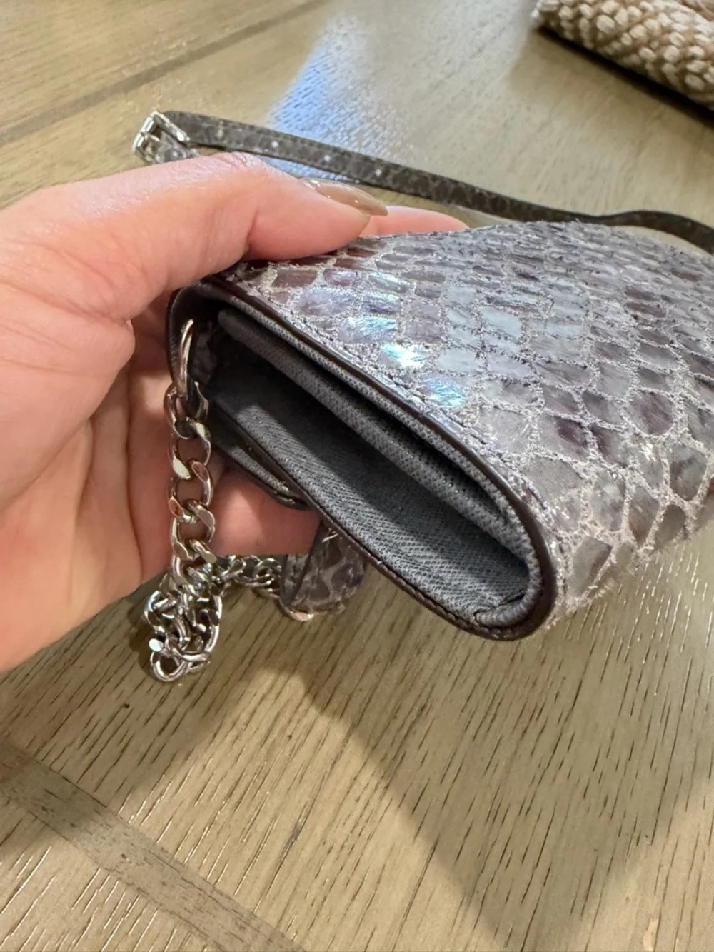 Michael Kors Snake-Embossed Crossbody in Taupe and Silver